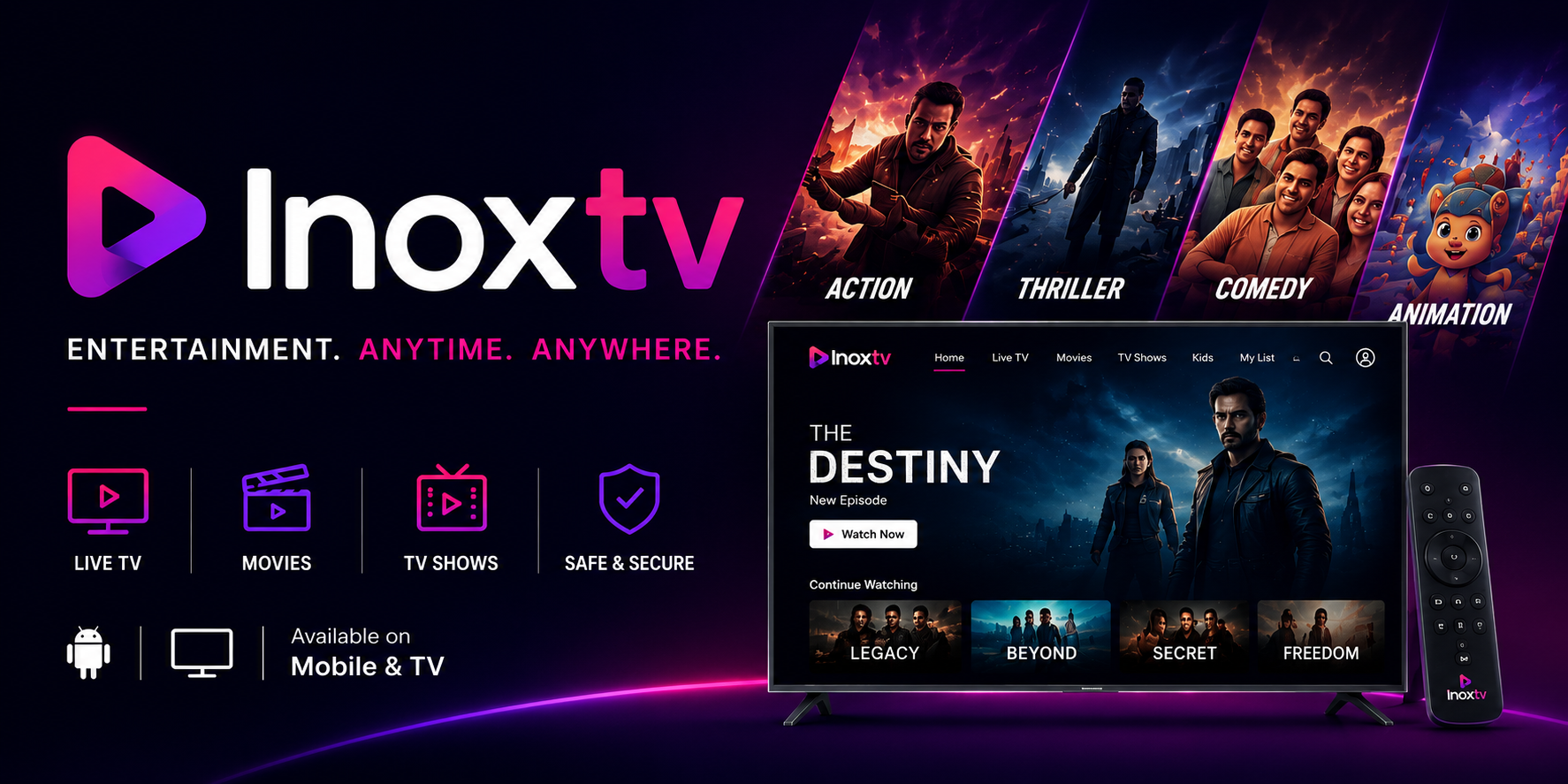 InoxTV app showcasing live TV, movies, and shows on Android TV with remote control